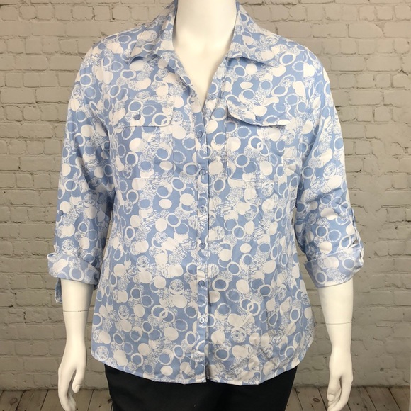 NY Collection Blue & White Button Down Top Plus 1X - Picture 2 of 6